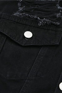 Thumbnail for Distressed Button-Up Denim Jacket with Pockets