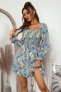 Thumbnail for Floral Flounce Sleeve Smocked Square Neck Dress