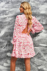 Thumbnail for Floral Frill Trim Plunge Flounce Sleeve Dress