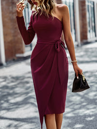 Thumbnail for One-Shoulder Pleated Detail Belted Dress - MiaMore | Luxary Classic Charm