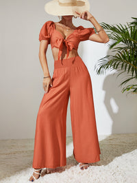 Thumbnail for Tie Front Cropped Top and Smocked Wide Leg Pants Set