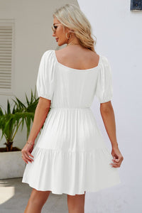 Thumbnail for Ruched Square Neck Puff Sleeve Mini Dress