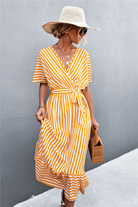 Thumbnail for Striped Tie Belt Midi Dress