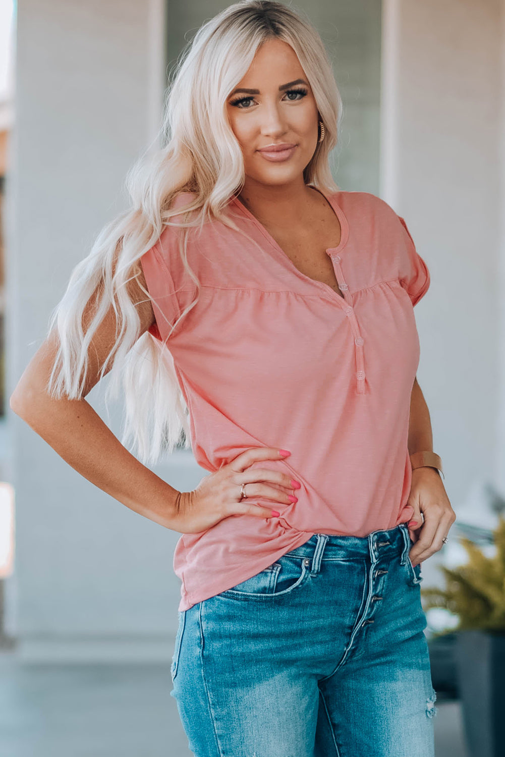 Women Buttoned Roll-Tab Sleeve Tee Shirt - MiaMore | Luxary Classic Charm
