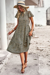 Thumbnail for Round Neck Flutter Sleeve Midi Dress