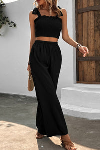 Thumbnail for Tie Shoulder Smocked Crop Top and Wide Leg Pants Set
