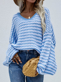 Thumbnail for Striped Drop Shoulder V-Neck Pullover Sweater
