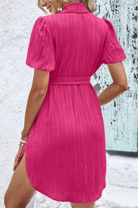 Thumbnail for Textured Tie Belt Short Sleeve Dress