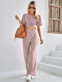 Thumbnail for Textured Flutter Sleeve Top and Pants Set