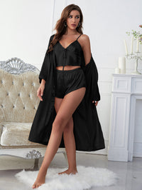Thumbnail for Satin V-Neck Cami, Shorts, and Belted Robe Pajama Set