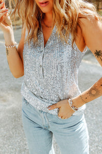 Thumbnail for Sequin Button Front V-Neck Tank