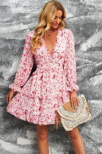 Thumbnail for Floral Frill Trim Plunge Flounce Sleeve Dress
