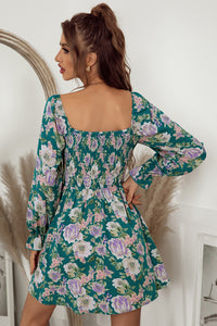 Thumbnail for Floral Flounce Sleeve Smocked Square Neck Dress