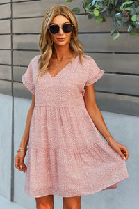 Thumbnail for Printed V-Neck Short Sleeve Tiered Dress