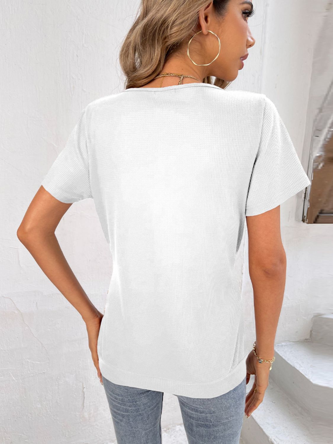 Button Detail Surplice Short Sleeve Tee - MiaMoré