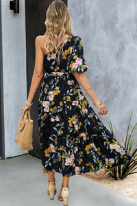 Thumbnail for Printed One-Shoulder Tie Belt Maxi Dress
