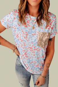 Thumbnail for Leopard Contrast Sequin Short Sleeve Tee - MiaMore | Luxary Classic Charm