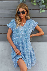 Thumbnail for Printed V-Neck Short Sleeve Tiered Dress