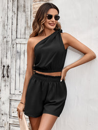 Thumbnail for One-Shoulder Crop Top and Paperbag Waist Shorts Set