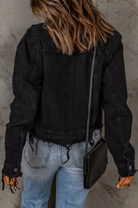 Thumbnail for Frayed Trim Button Down Denim Jacket