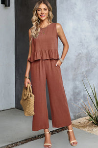 Thumbnail for Decorative Button Ruffle Hem Tank and Pants Set