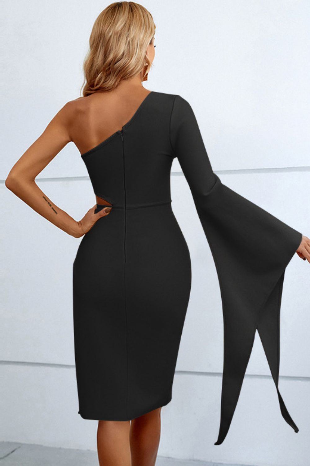Cutout Split Flare Sleeve One-Shoulder Dress - MiaMore | Luxary Classic Charm
