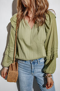 Thumbnail for Ruffled Notched Neck Balloon Sleeve Blouse - MiaMore | Luxary Classic Charm