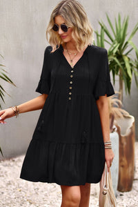 Thumbnail for Tie Neck Buttoned Flounce Sleeve Dress