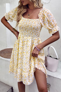 Thumbnail for Floral Smocked Square Neck Flounce Sleeve Dress