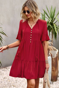 Thumbnail for Tie Neck Buttoned Flounce Sleeve Dress