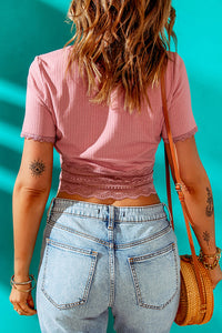 Thumbnail for Spliced Lace Button Front Cropped Top - MiaMore | Luxary Classic Charm