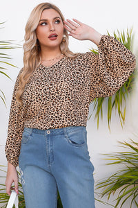 Thumbnail for Plus Size Animal Print Balloon Sleeve V-Neck Blouse - MiaMore | Luxary Classic Charm