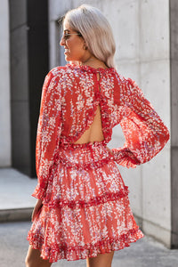 Thumbnail for Floral Frill Trim Plunge Flounce Sleeve Dress