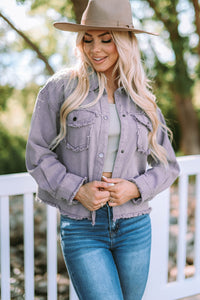 Thumbnail for Frayed Trim Snap Down Denim Jacket