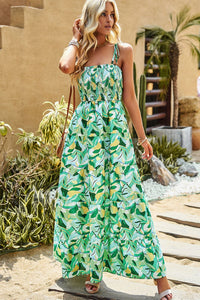Thumbnail for Printed Tie-Shoulder Smocked Maxi Dress