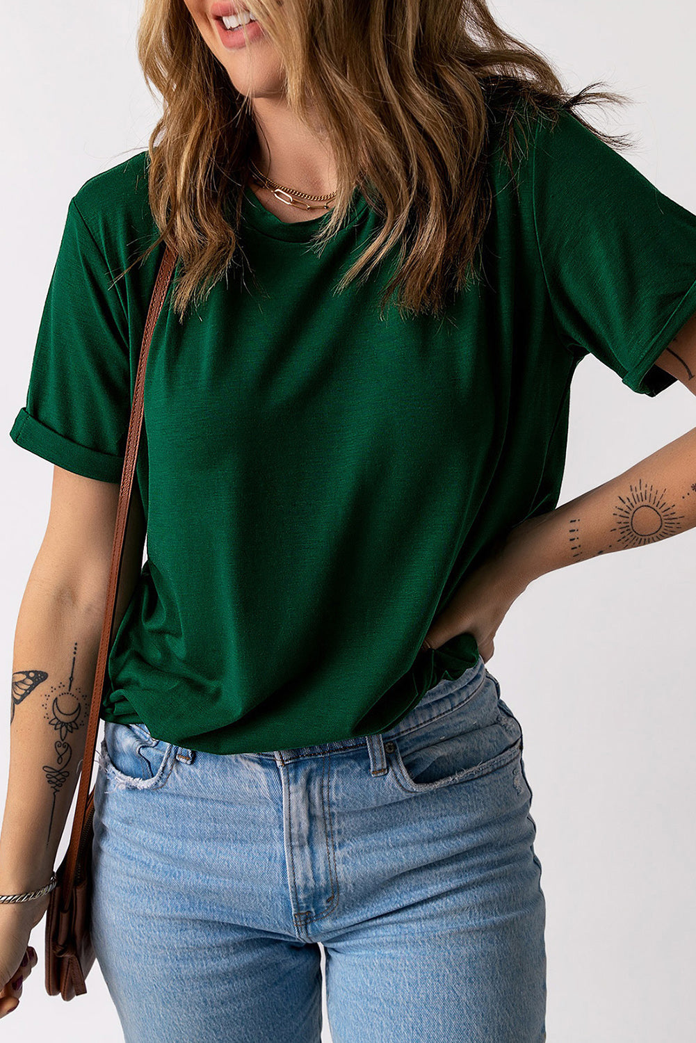 Round Neck Cuffed Short Sleeve Tee - MiaMore | Luxary Classic Charm