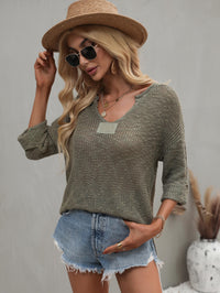 Thumbnail for Notched Side Slit Drop Shoulder Sweater