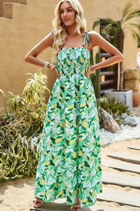 Thumbnail for Printed Tie-Shoulder Smocked Maxi Dress