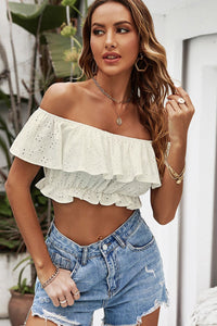 Thumbnail for Eyelet Layered Off-Shoulder Cropped Blouse - MiaMore | Luxary Classic Charm