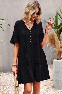 Thumbnail for Tie Neck Buttoned Flounce Sleeve Dress