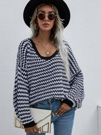 Thumbnail for Striped Drop Shoulder V-Neck Pullover Sweater