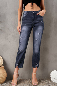 Thumbnail for Distressed Hem Detail Cropped Jeans