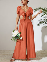 Thumbnail for Tie Front Cropped Top and Smocked Wide Leg Pants Set