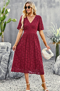Thumbnail for V-Neck Puff Sleeve Lace Midi Dress