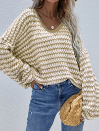Thumbnail for Striped Drop Shoulder V-Neck Pullover Sweater