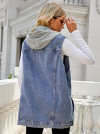 Thumbnail for Drawstring Hooded Sleeveless Denim Top with Pockets