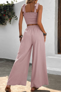 Thumbnail for Tie Shoulder Smocked Crop Top and Wide Leg Pants Set