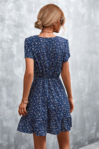 Thumbnail for Ditsy Floral V-Neck Short Sleeve Dress