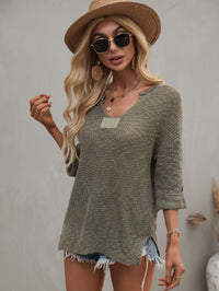 Thumbnail for Notched Side Slit Drop Shoulder Sweater