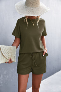 Thumbnail for Raglan Sleeve Ruffle Hem Top and Shorts Set with Pockets